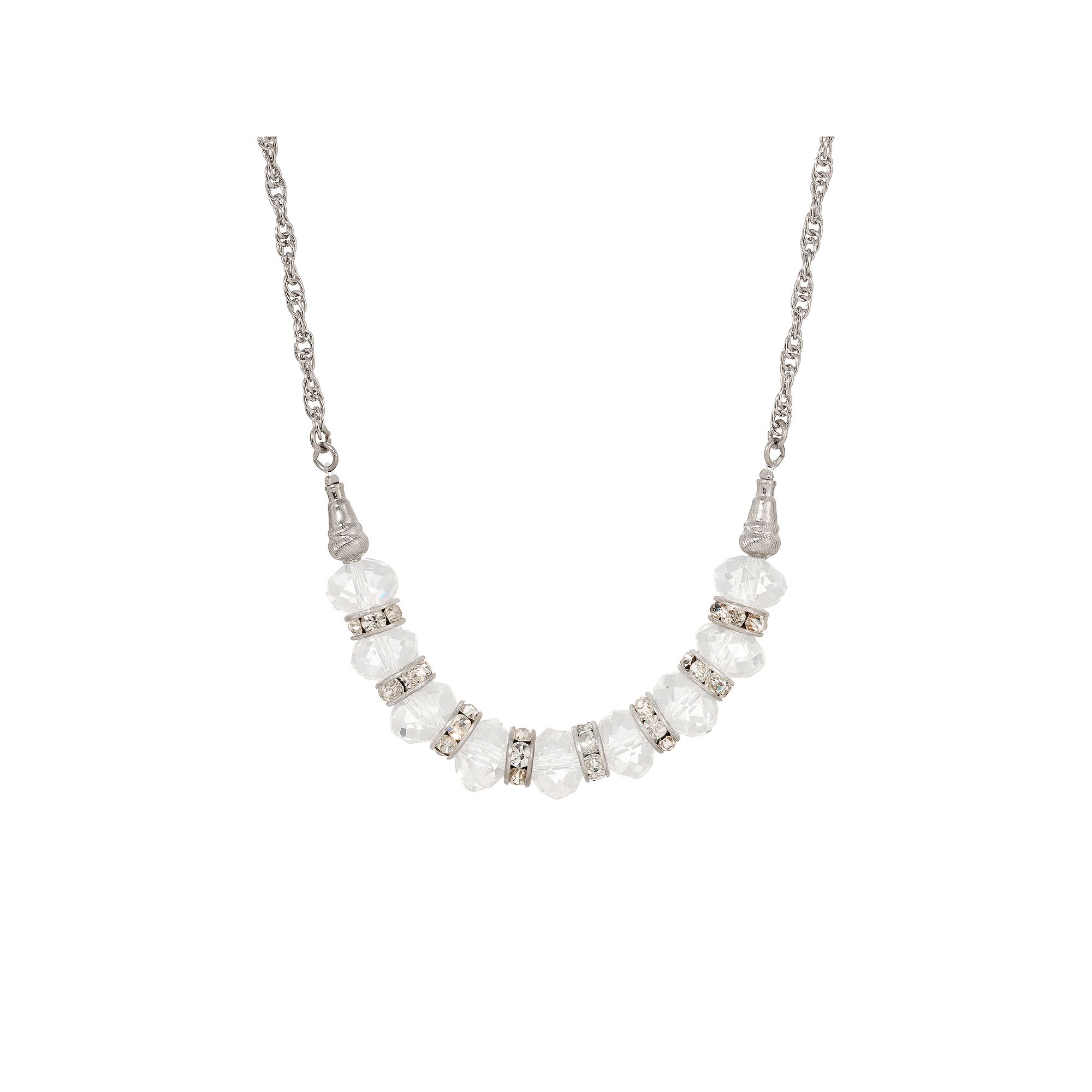 1928 Silver Tone Faceted Glass Bead Crystal Necklace, Womens, White