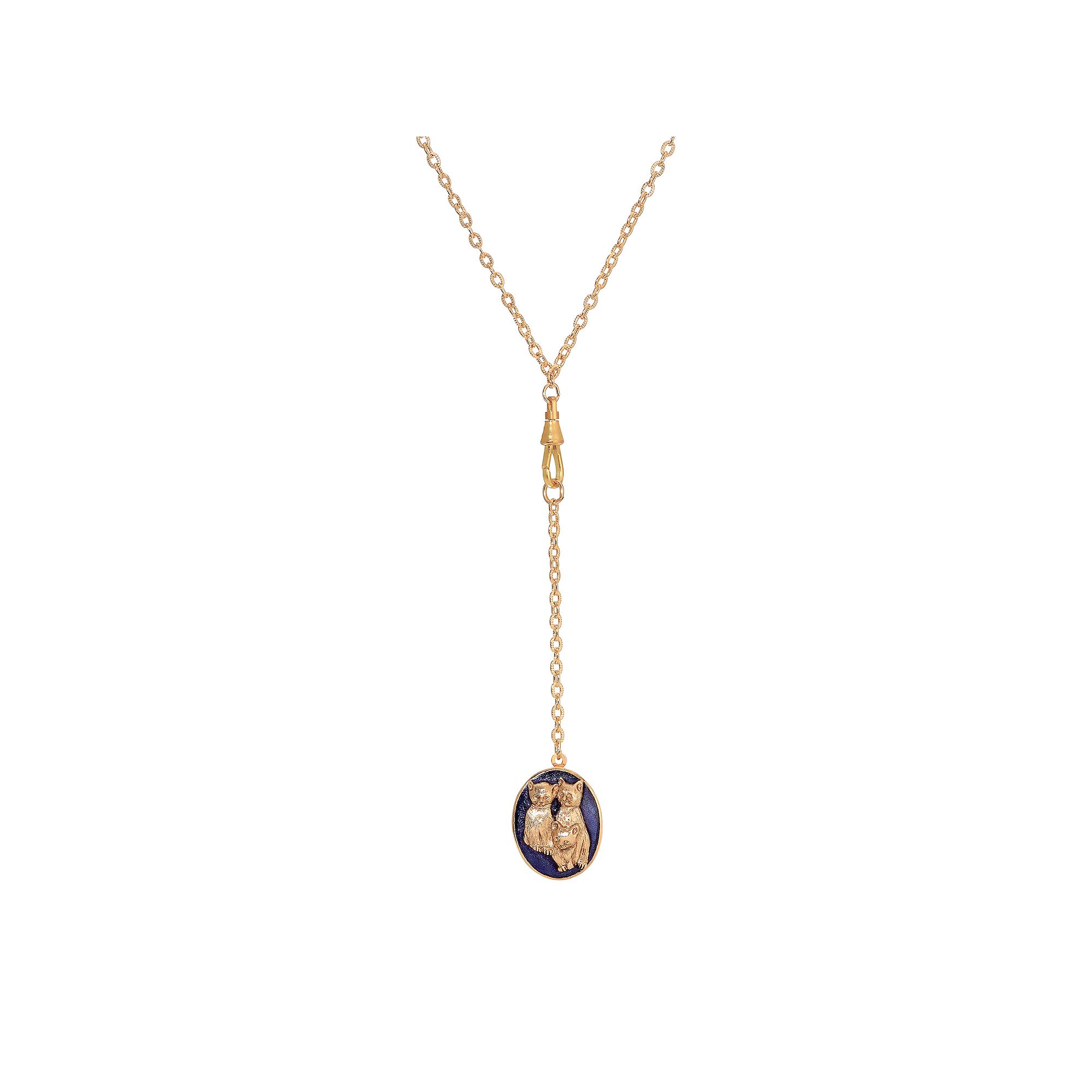 1928 Enamel Cat Locket Necklace, Womens, Blue Gold