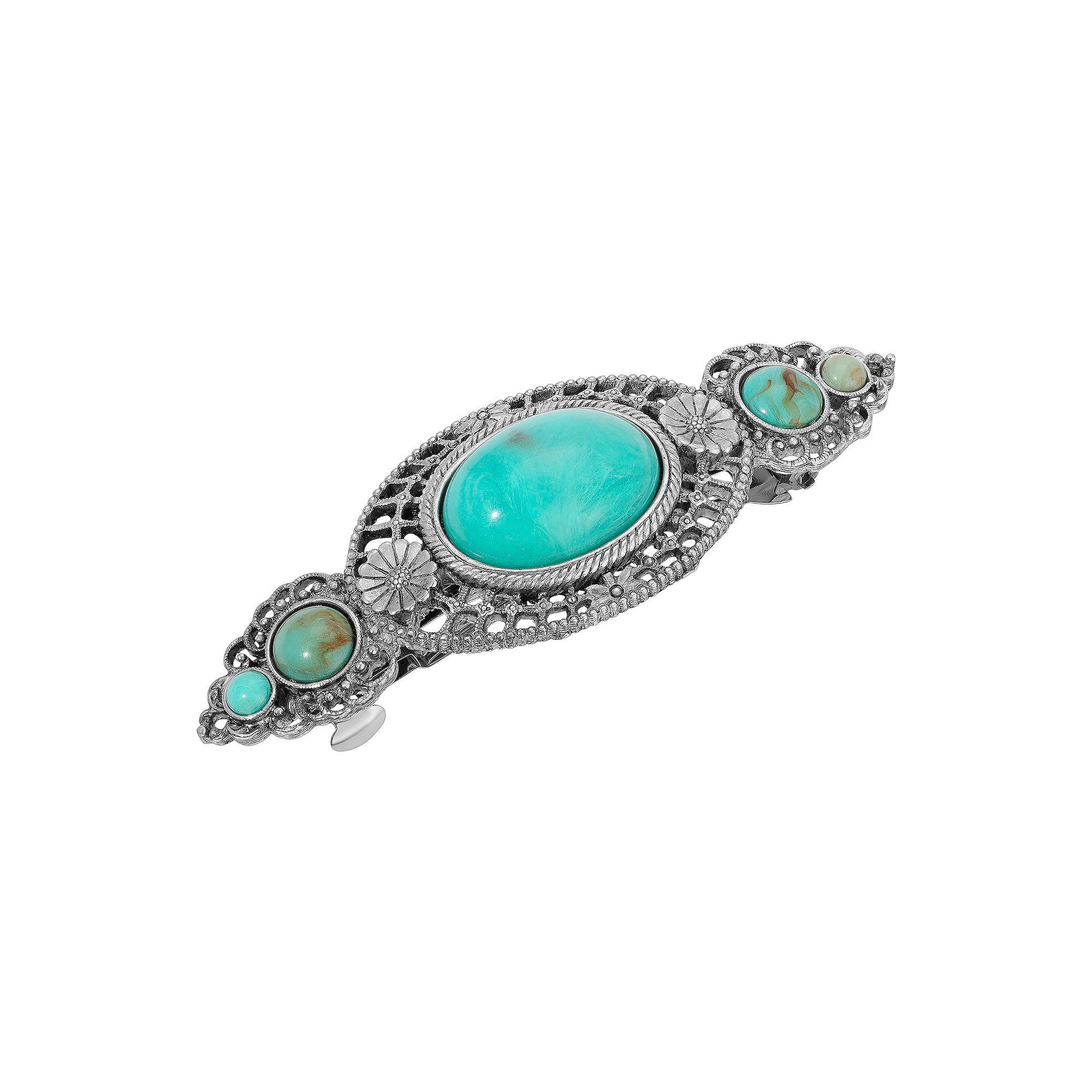 1928 Silver Tone Turquoise Color Stones Hair Barrette