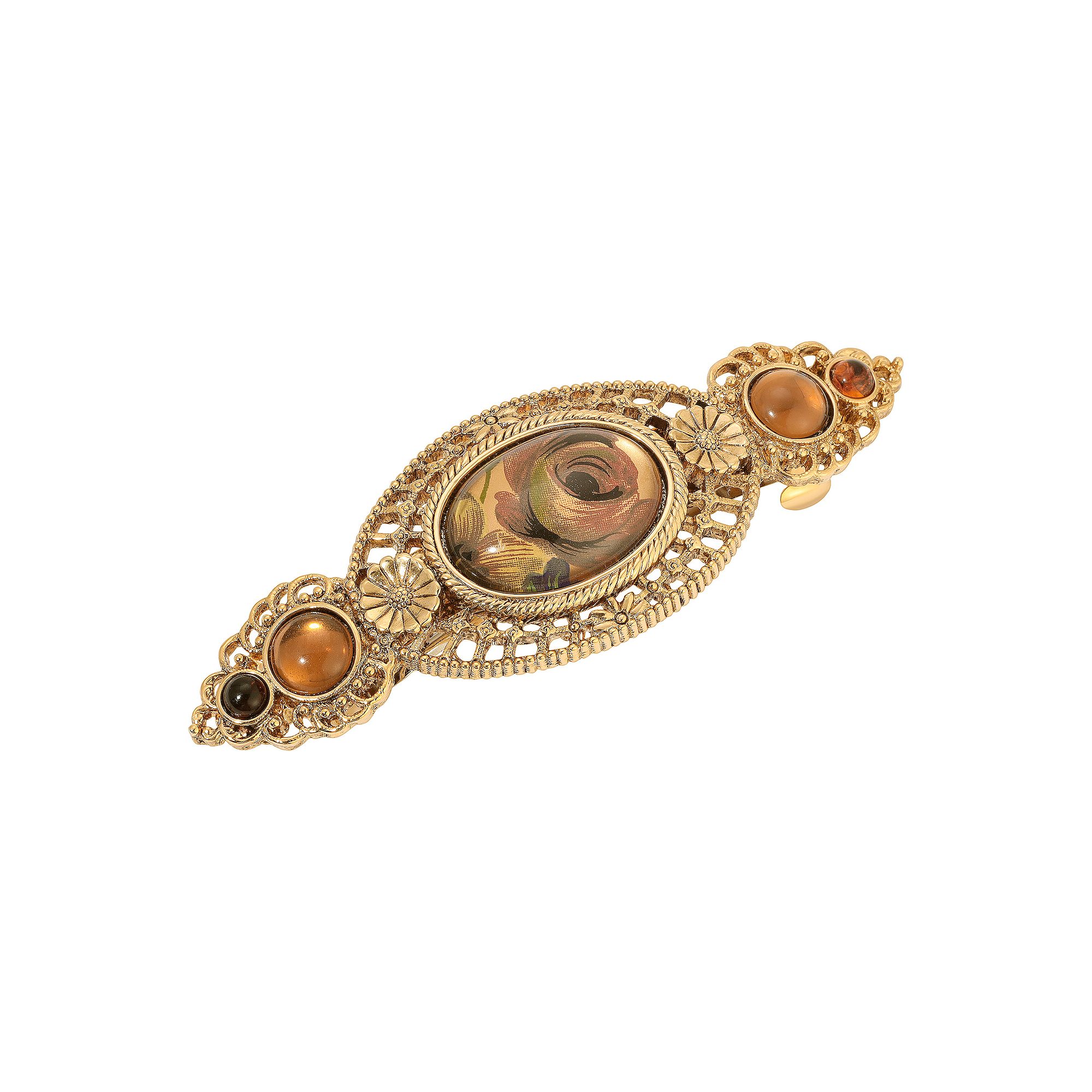 1928 Gold Tone Rose Decal Oval Stones Hair Barrette, Brown