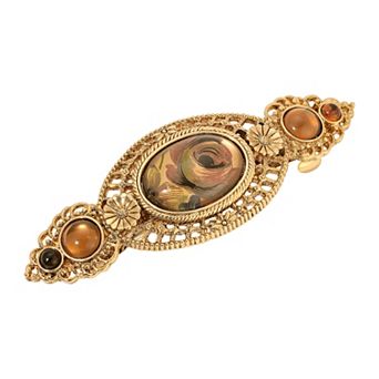 1928 Gold Tone Rose Decal Oval Stones Hair Barrette