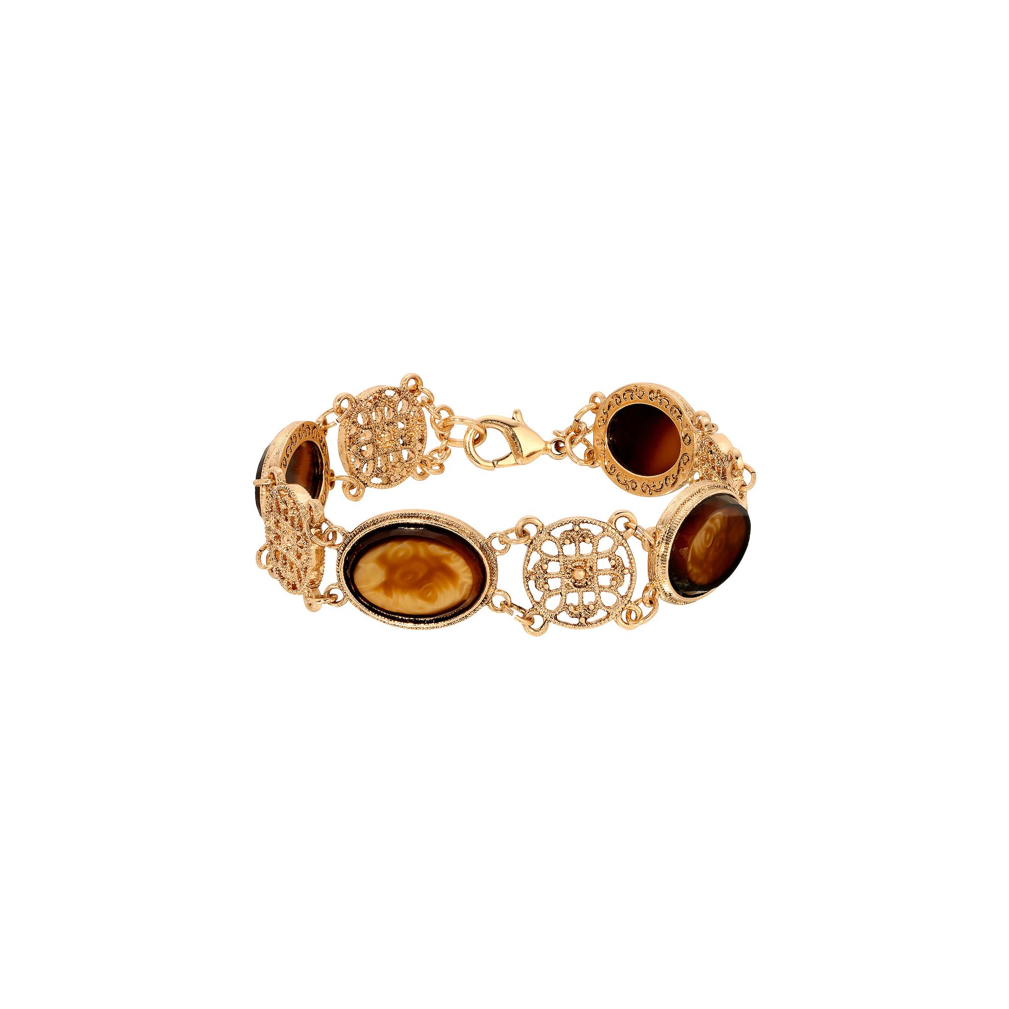 1928 Gold Tone Oval Topaz Glass Stones & Round Filigree Link Bracelet, Wome