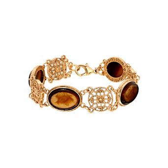 1928 Gold Tone Oval Topaz Glass Stones & Round Filigree Link Bracelet