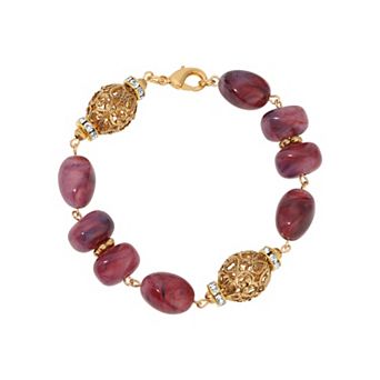 1928 Gold Tone Filigree Bead & Acrylic Bead Bracelet