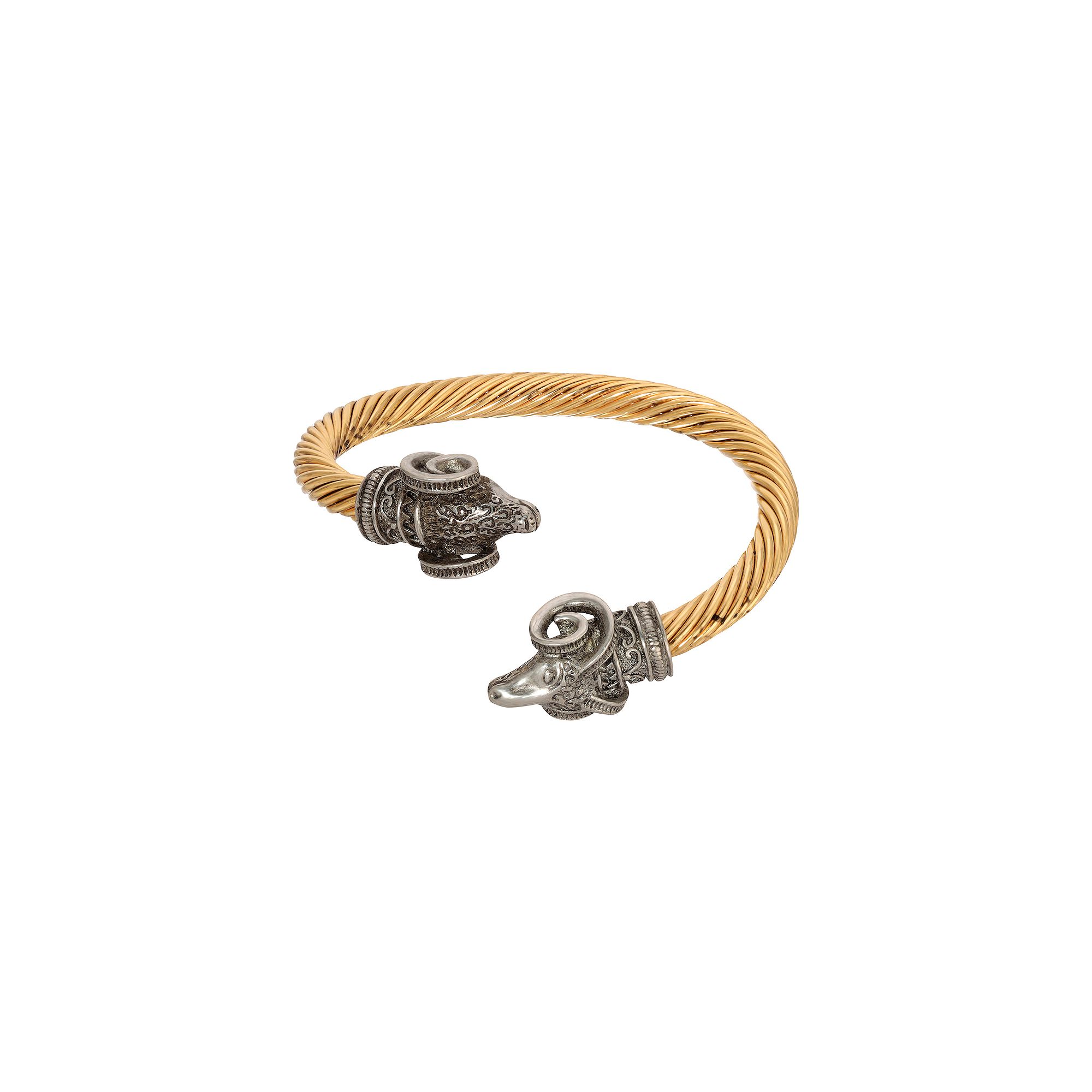 1928 Gold Tone with Pewter Rams Head Cuff Bracelet, Womens, Silver