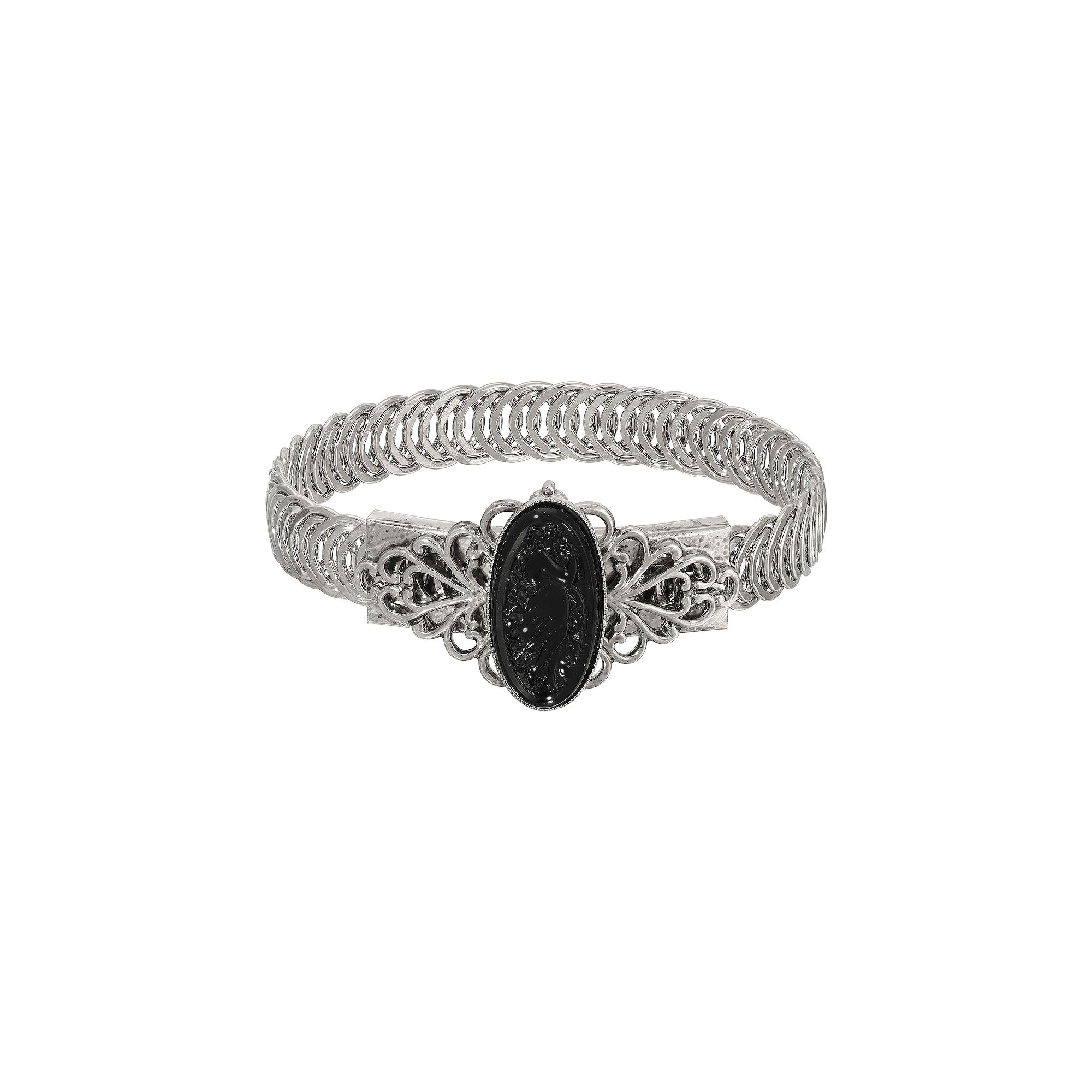 1928 Silver Tone Jet Glass Stone Stretch Bracelet, Womens, Black
