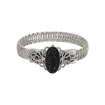 1928 Silver Tone Jet Glass Stone Stretch Bracelet