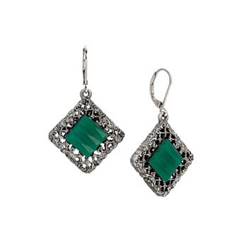 1928 Pewter Diamond Shape Green Glass Leverback Earrings