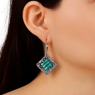 1928 Pewter Diamond Shape Green Glass Leverback Earrings