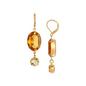 1928 Gold Tone Oval Yellow Crystal Earrings