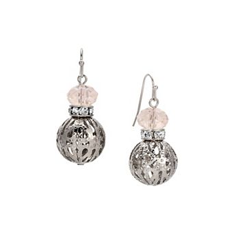 1928 Silver Tone Filigree Bead and Crystal Bead Wire Earrings