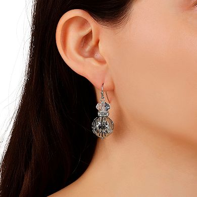 1928 Silver Tone Filigree Bead and Crystal Bead Wire Earrings