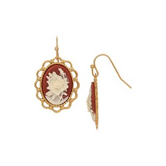 1928 Gold Tone Oval Drop Cameo Wire Earrings