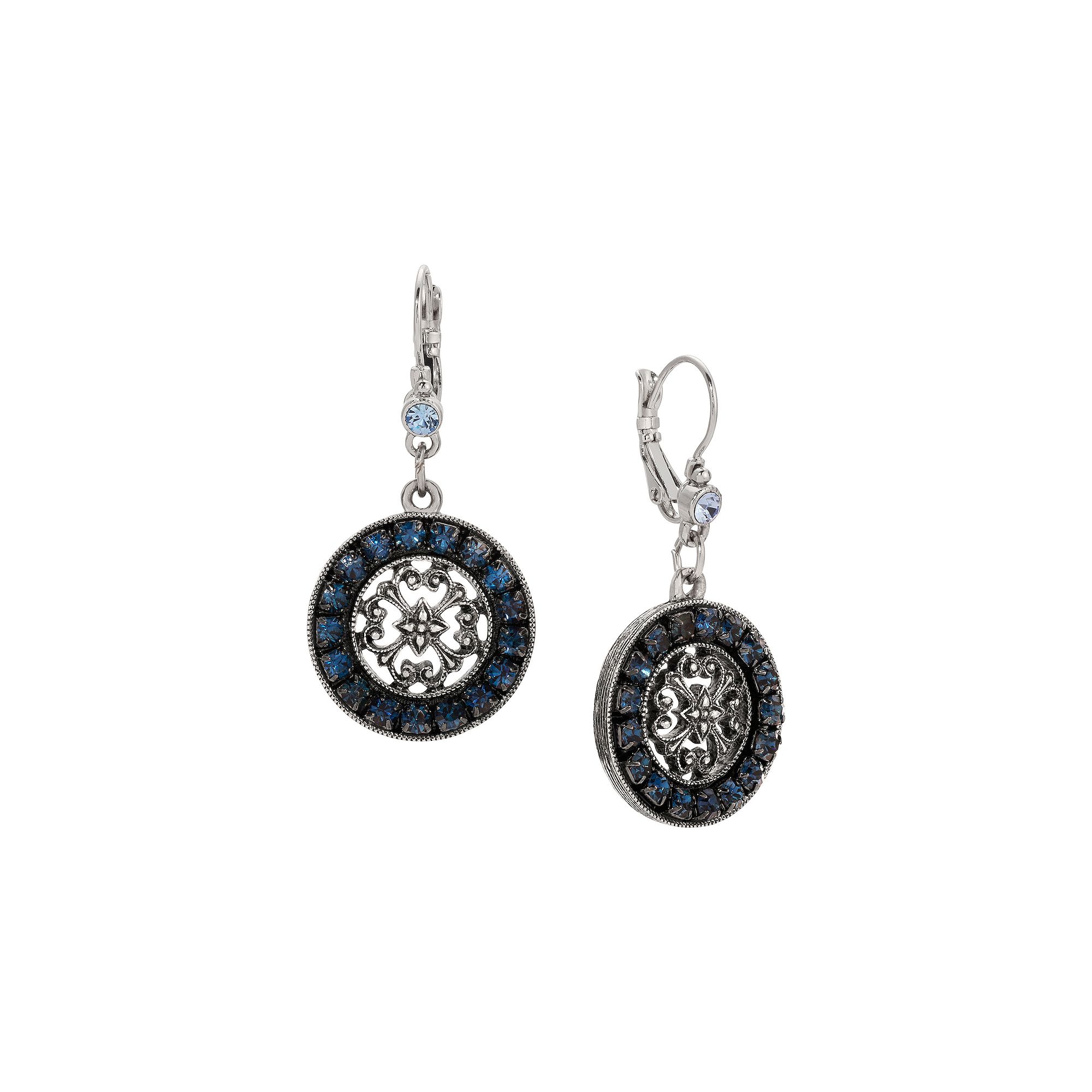 1928 Pewter Blue Crystal Round Drop Leverback Earrings, Womens