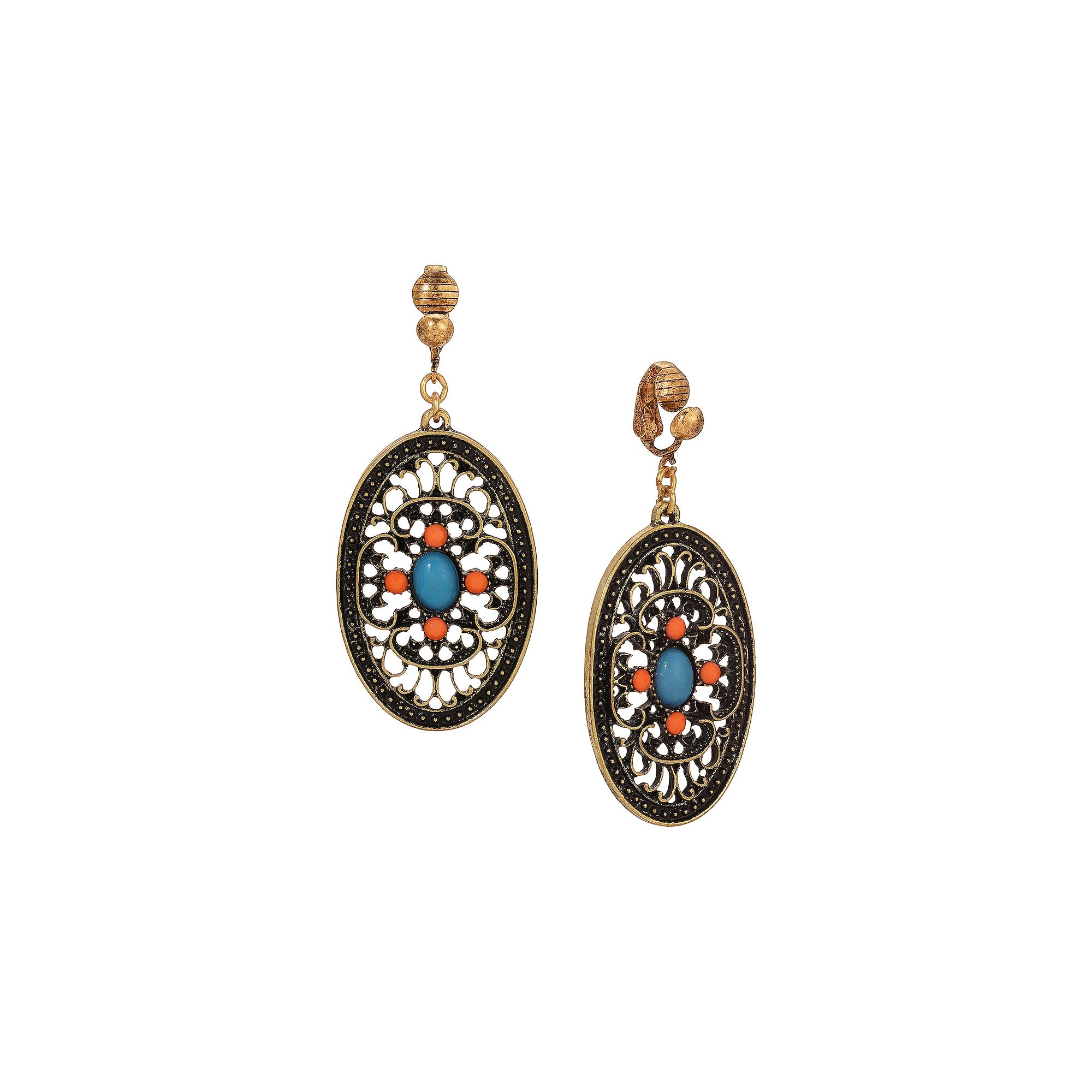 1928 Gold Tone Turquoise and Coral Enamel Filigree Oval Drop Clip-On Earrin