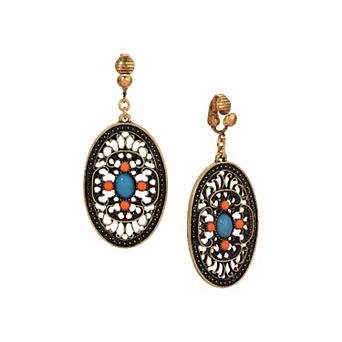 1928 Gold Tone Turquoise and Coral Enamel Filigree Oval Drop Clip-On Earrings