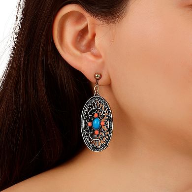1928 Gold Tone Turquoise and Coral Enamel Filigree Oval Drop Clip-On Earrings
