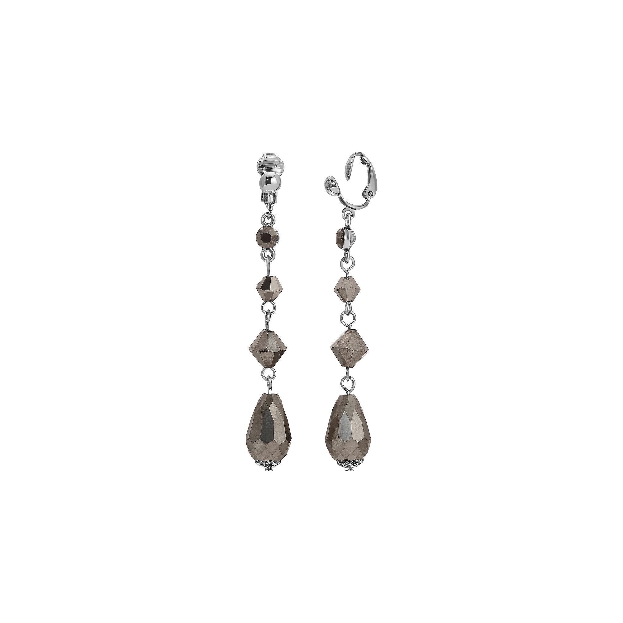 1928 Silver Tone Hematite Crystal Linear Drop Clip-On Earrings, Womens, Gr