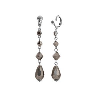 1928 Silver Tone Hematite Crystal Linear Drop Clip-On Earrings