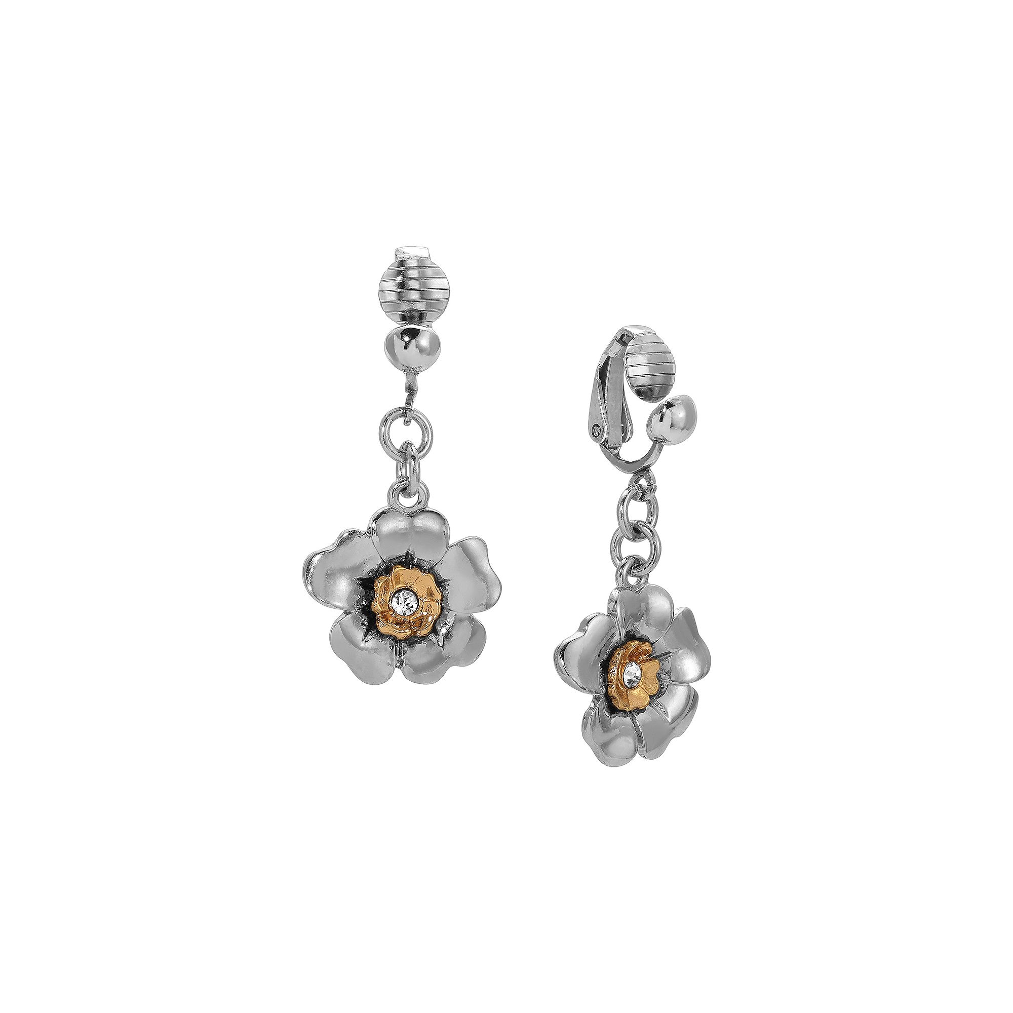 1928 Two Tone Crystal Center Flower Clip-On Earrings, Womens, Yellow