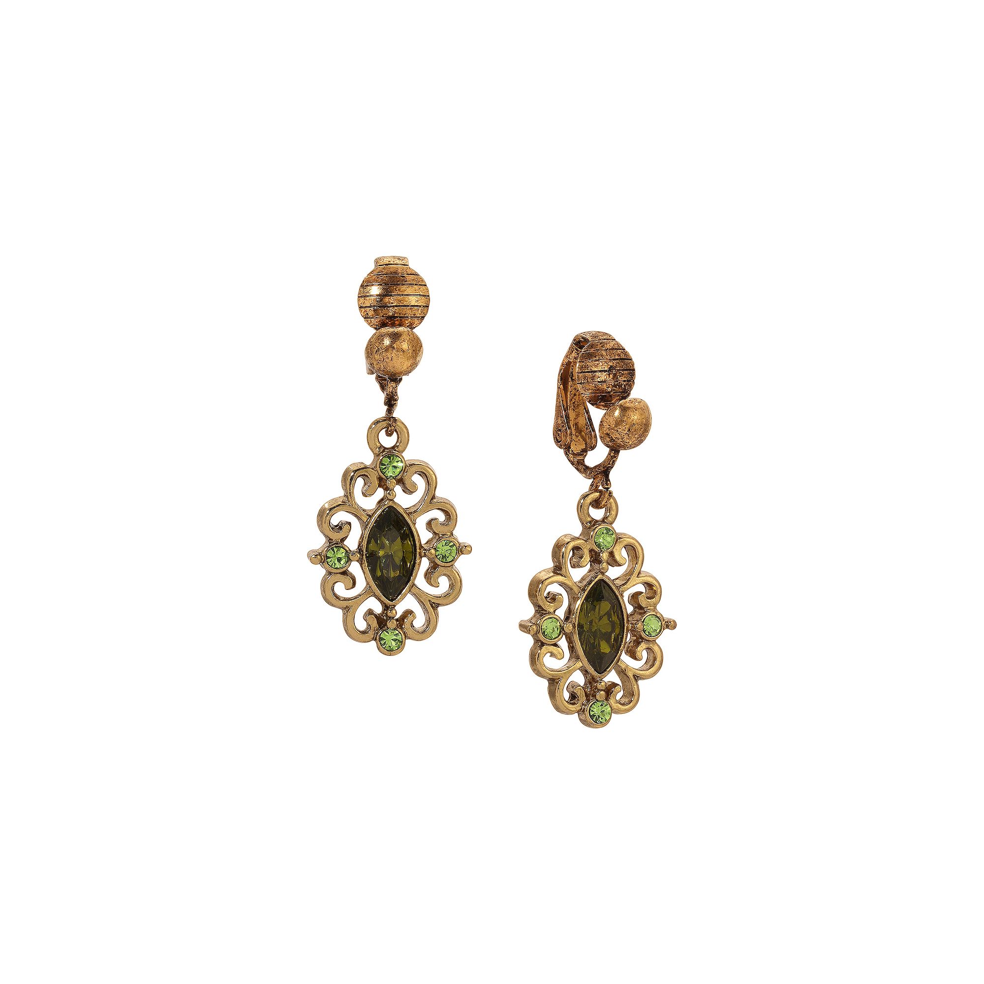 1928 Gold Tone Green Crystal Drop Clip-On Earrings, Womens