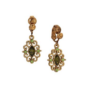 1928 Gold Tone Green Crystal Drop Clip-On Earrings