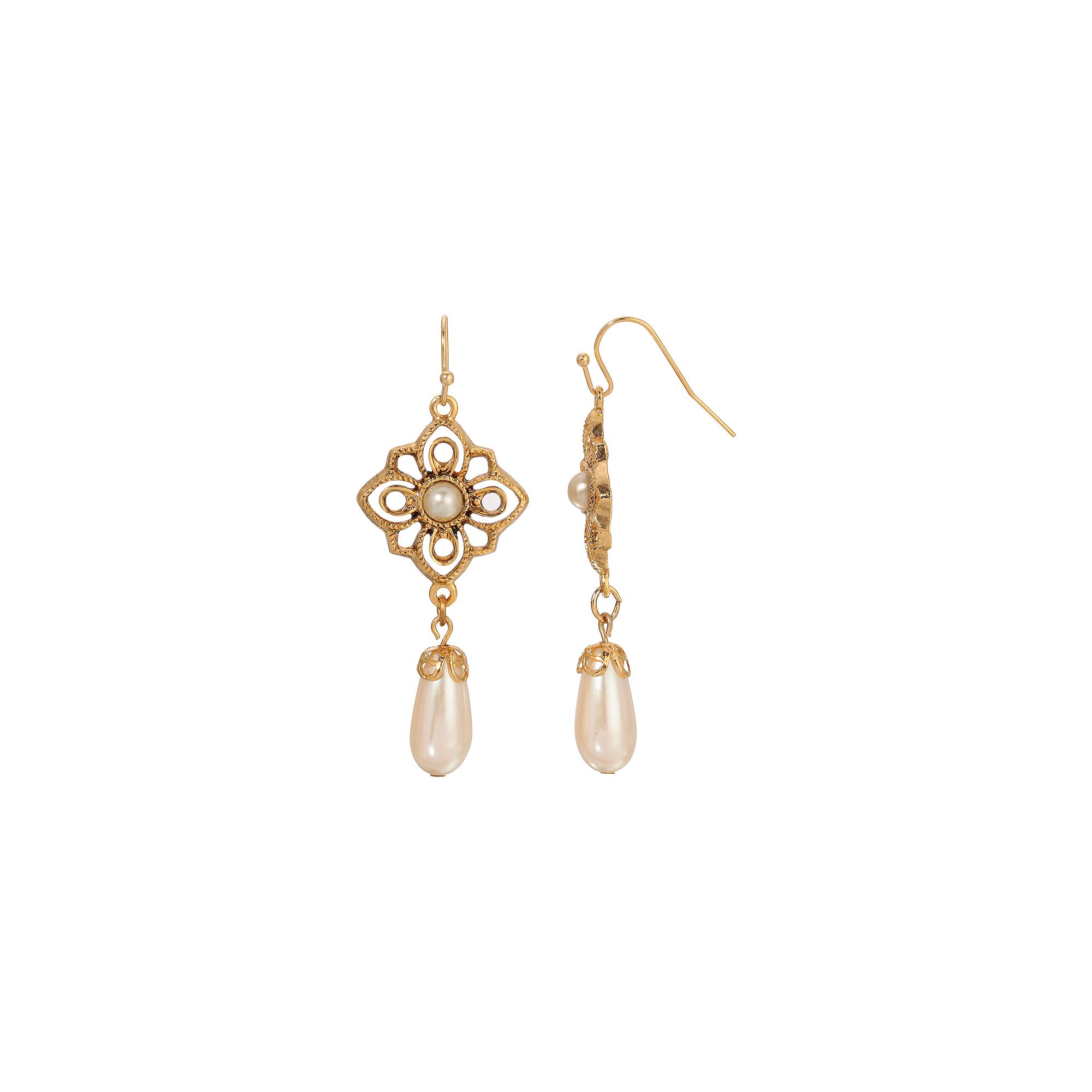 1928 Gold Tone Filigree Faux Pearl Drop Earrings, Womens, White