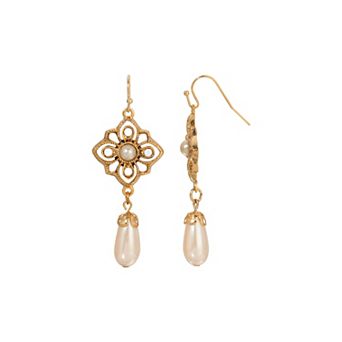 1928 Gold Tone Filigree Faux Pearl Drop Earrings