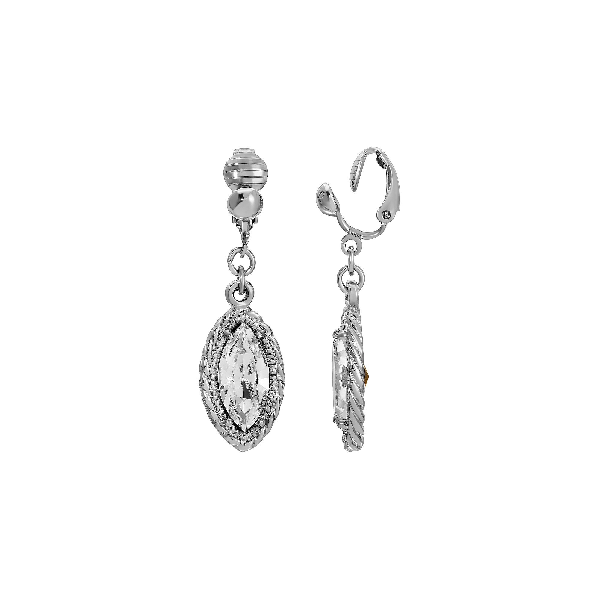 1928 Silver-Tone Clear Crystal Navette-Shaped Clip-On Earrings, Womens, Wh