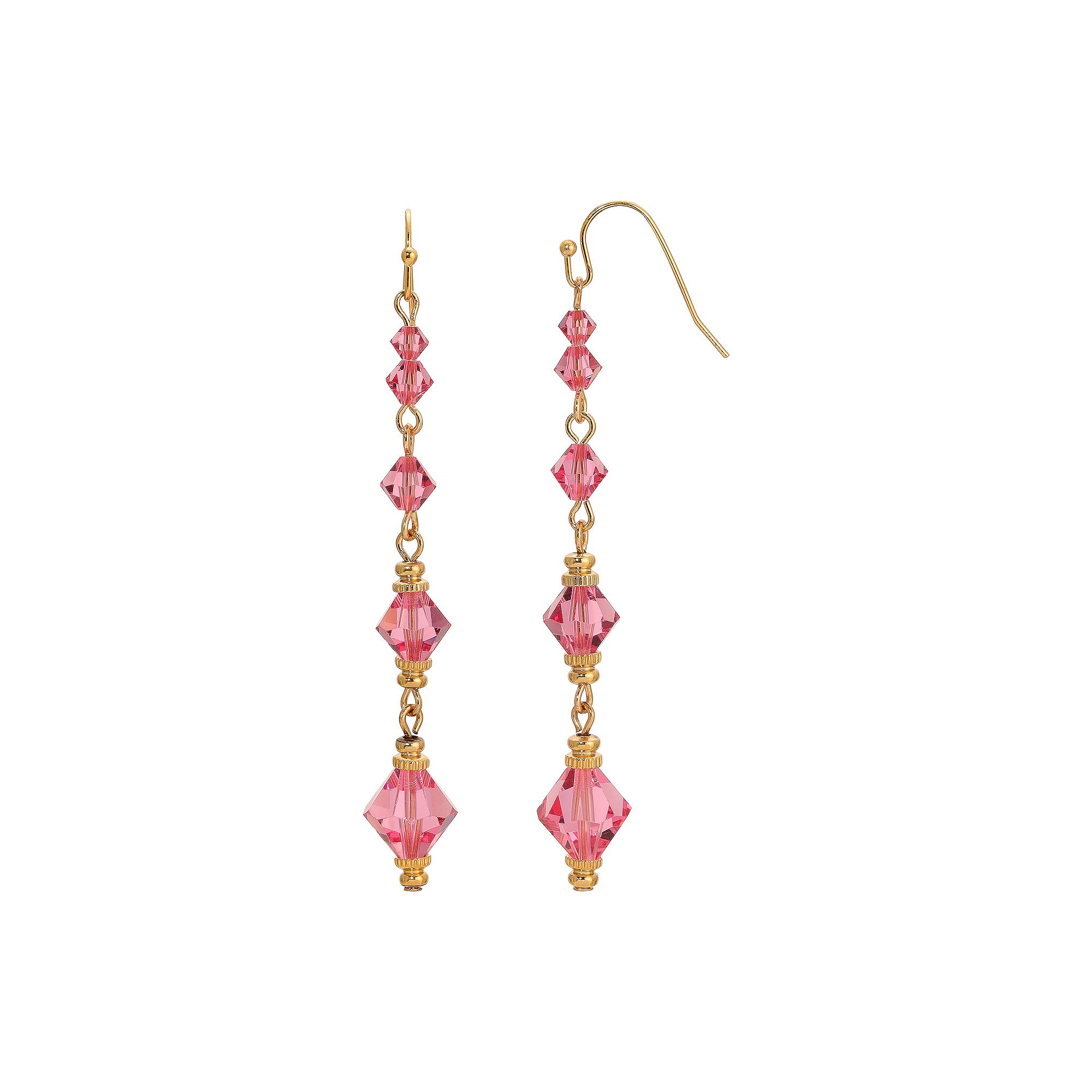 1928 Gold Tone Pink Crystal Long Wire Earrings, Womens