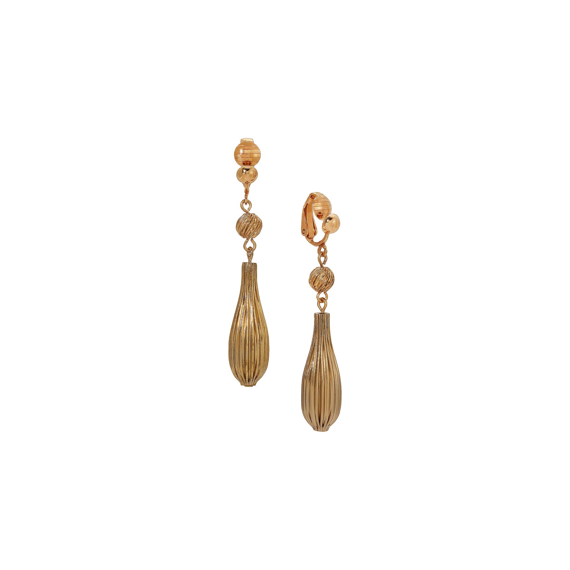 1928 Gold Tone Corrugated Textured Dangle Drop Clip-On Earrings, Womens, Y