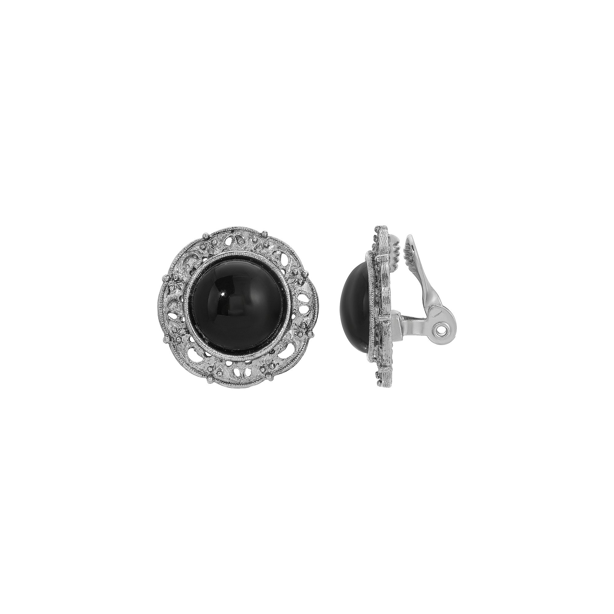 1928 Silver Tone Jet Stone Round Clip-On Earrings, Womens, Black