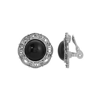 1928 Silver Tone Jet Stone Round Clip-On Earrings