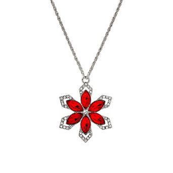 1928 Silver Tone Red Crystal Large Flower Necklace