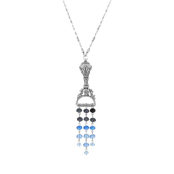 1928 Silver Tone Tonal Blue Bead Drop Necklace