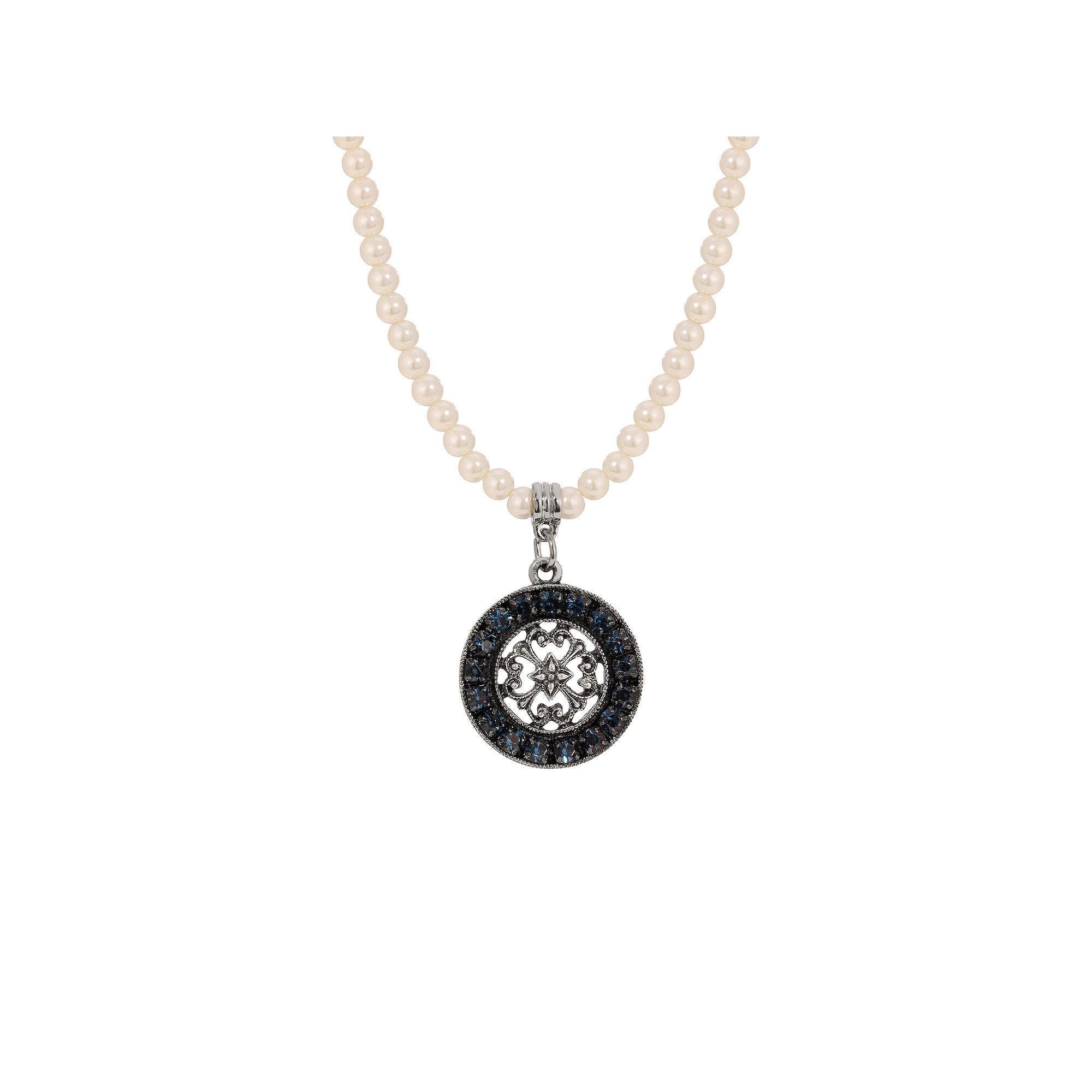 1928 Faux Pearl Necklace with Blue Crystal Pendant Necklace, Womens