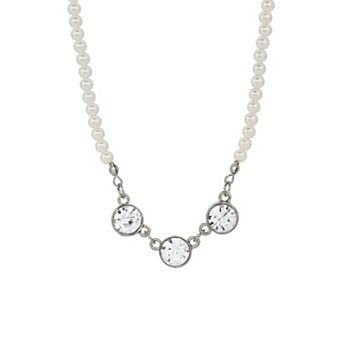 1928 Faux Pearl Strand Three Round Crystal Necklace