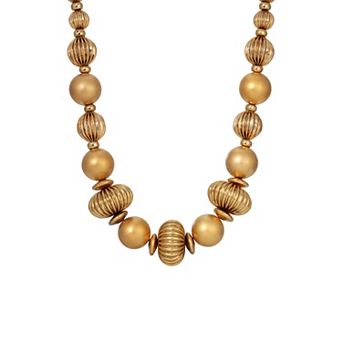1928 Gold Tone Round Corrugated Bead Necklace