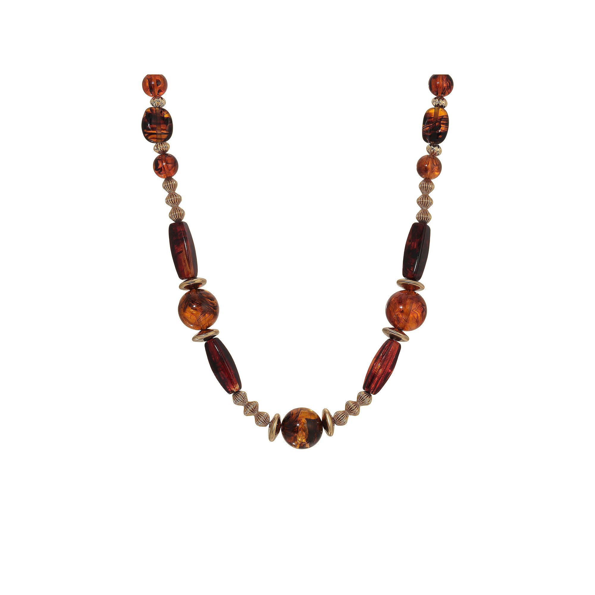 1928 Gold Tone Brown Tortoise Bead Necklace, Womens