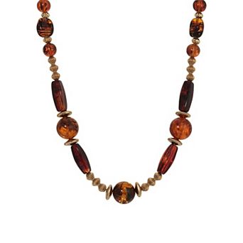 1928 Gold Tone Brown Tortoise Bead Necklace