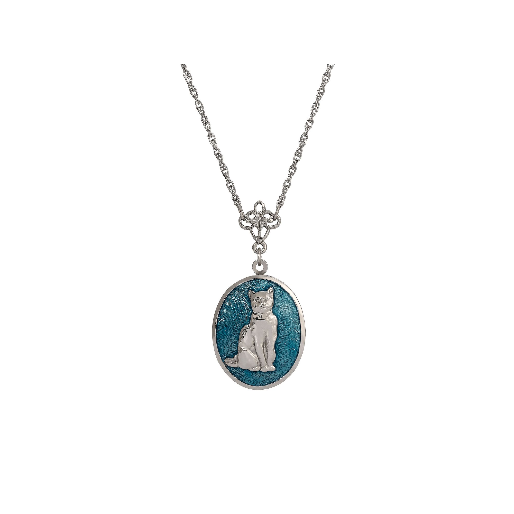 1928 Silver Tone Blue Enamel Oval Cat Locket Necklace, Womens