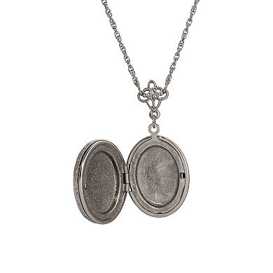 1928 Silver Tone Blue Enamel Oval Cat Locket Necklace