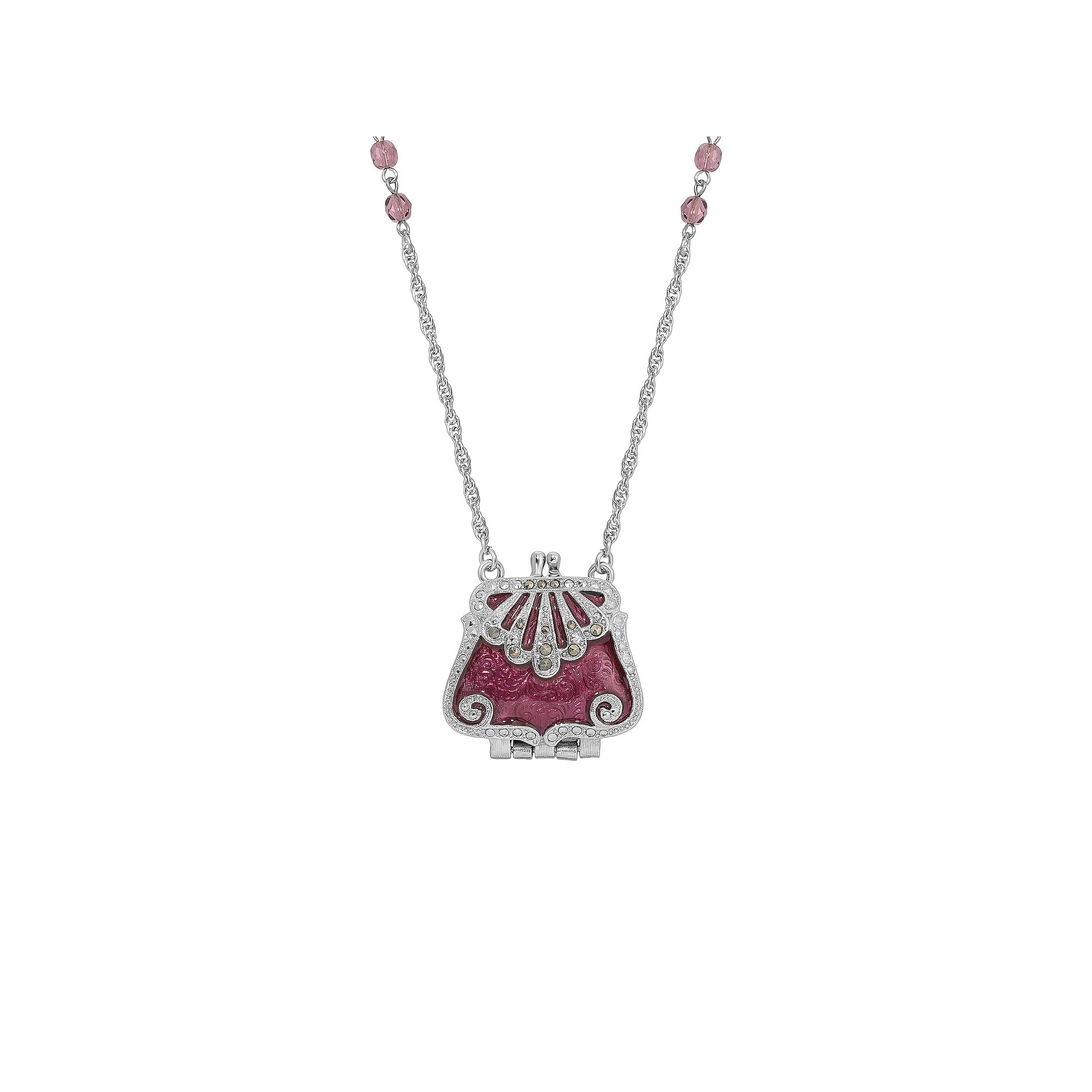 1928 Silver Tone Pink Purse Necklace, Womens