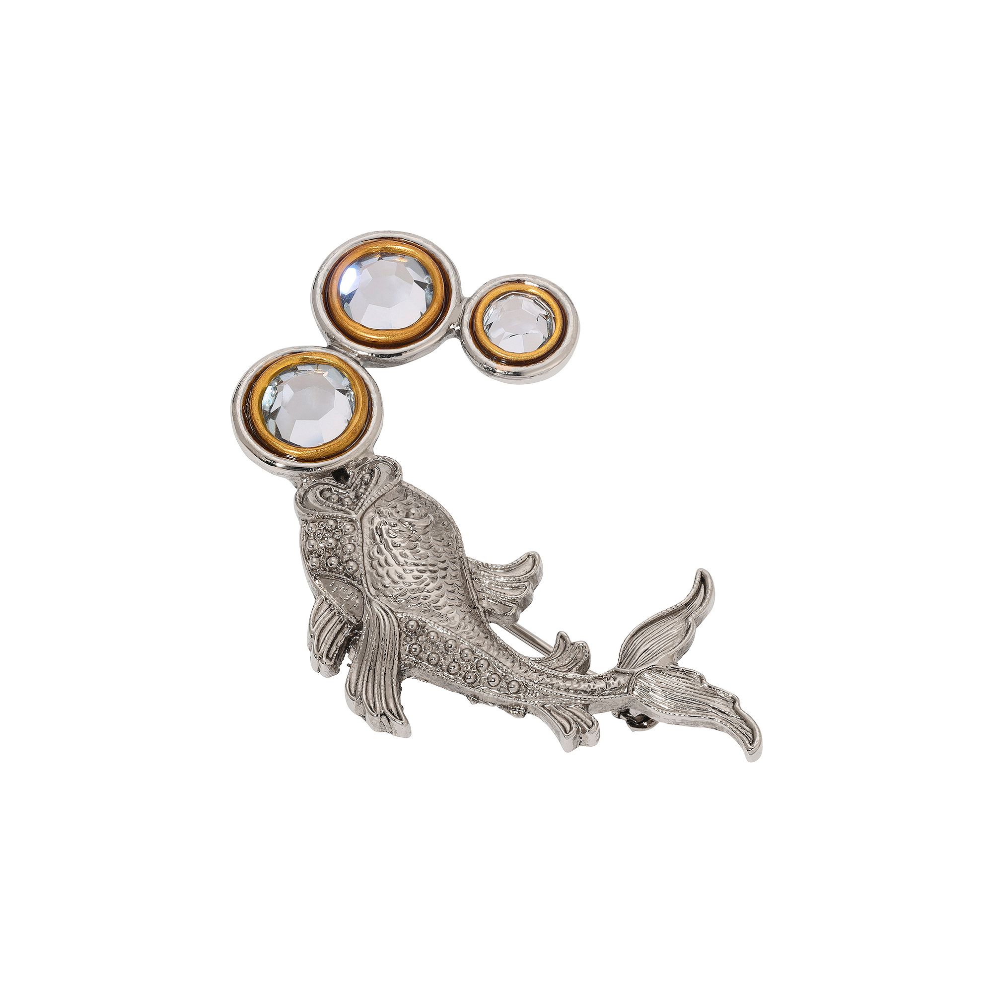 1928 Silver Tone Koi Fish Crystal Bubbles Brooch, Womens, Gray