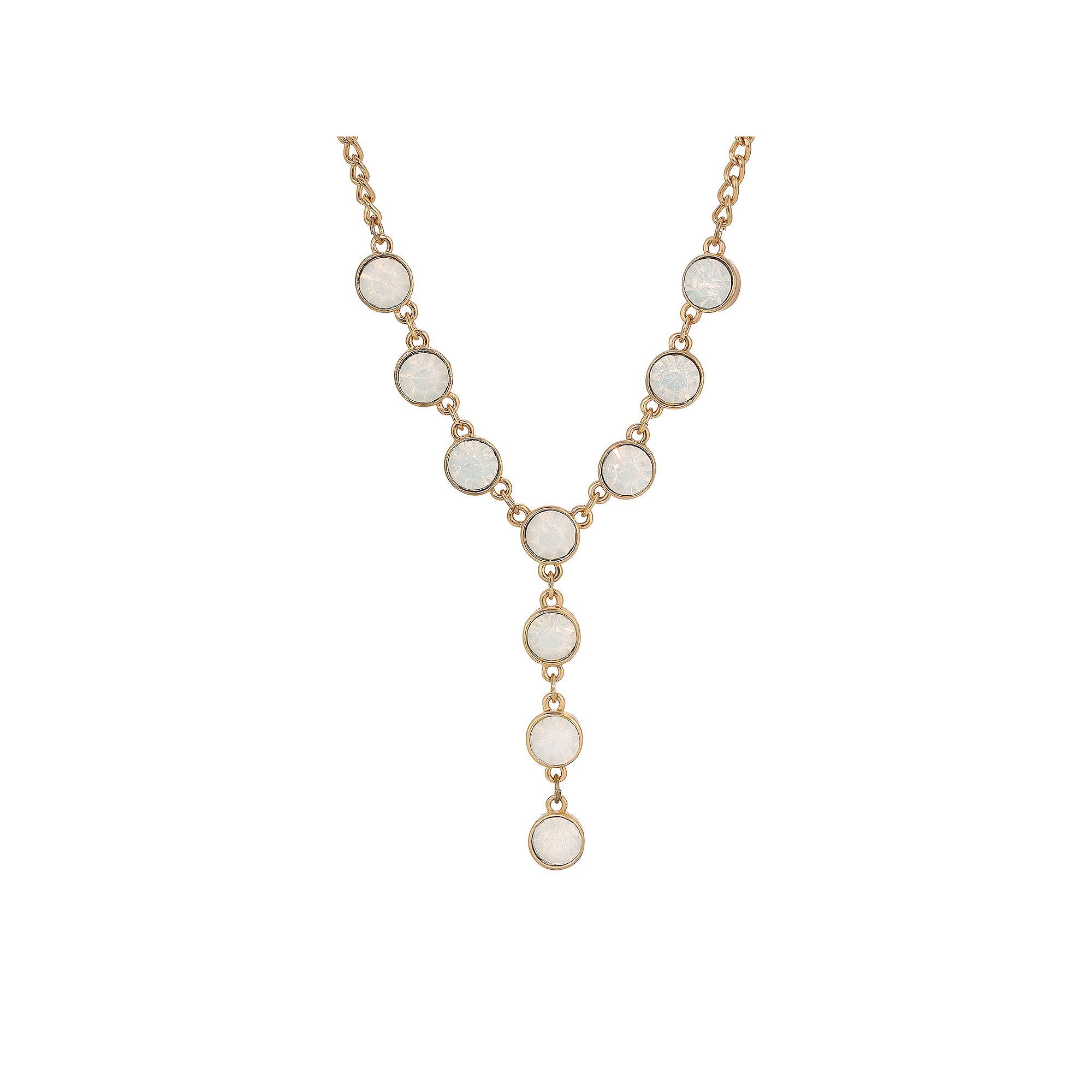 1928 Gold-Tone White Opal Color Glass Y-Necklace, Womens