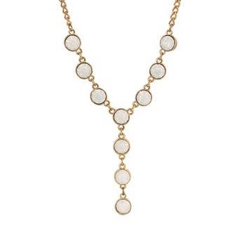1928 Gold-Tone White Opal Color Glass Y-Necklace