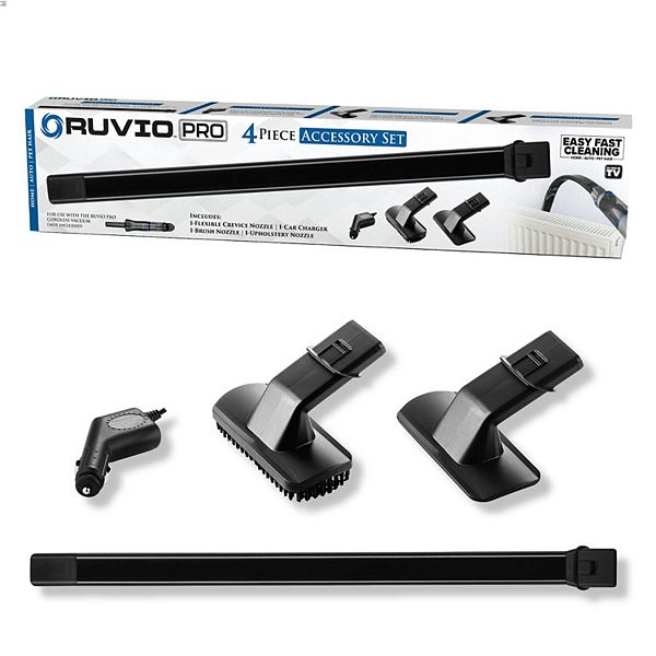 Ruvio 4-Piece Car Charger, Crevice Nozzle, Brush Nozzle, and Upholstery Nozzle Shop Vacuum Attachments Set - Black
