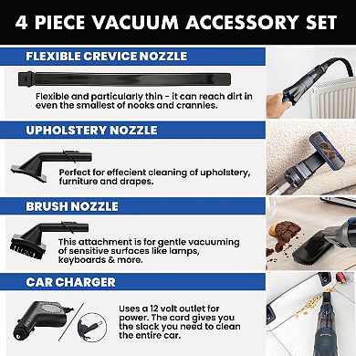 Ruvio 4-Piece Car Charger, Crevice Nozzle, Brush Nozzle, and Upholstery Nozzle Shop Vacuum Attachments Set