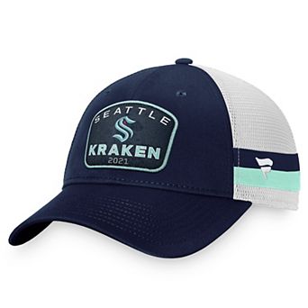 Men's Fanatics Branded Deep Sea Blue/White Seattle Kraken Fundamental Striped Trucker Adjustable Hat