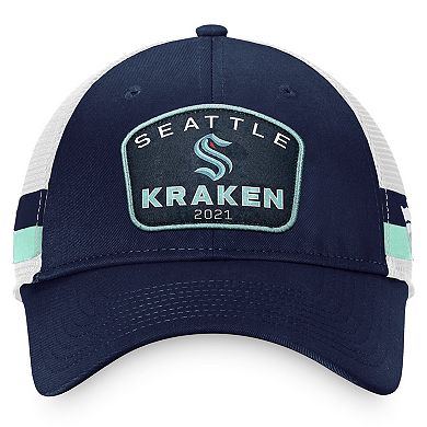 Men's Fanatics Branded Deep Sea Blue/White Seattle Kraken Fundamental Striped Trucker Adjustable Hat